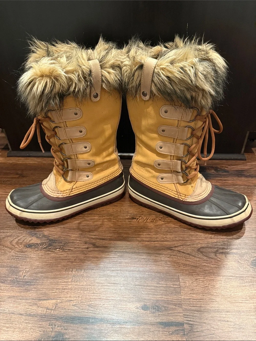 Sorel Women's Tan and Brown Lace-Up Winter Boot with Faux Fur Cuff